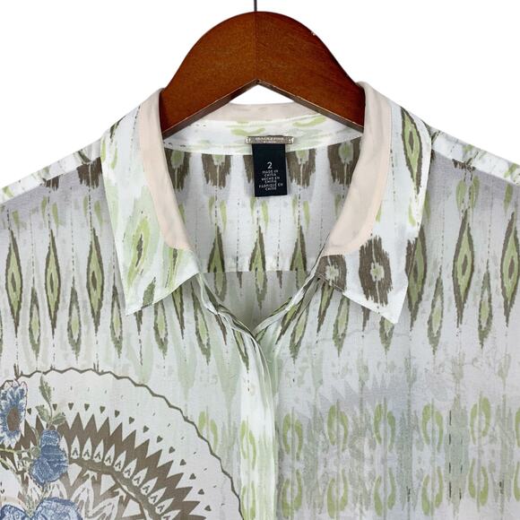 Chicos Tunic Shirt Longer Length Top Semi Sheer White Green Women's 2 L 12 - Picture 3 of 11